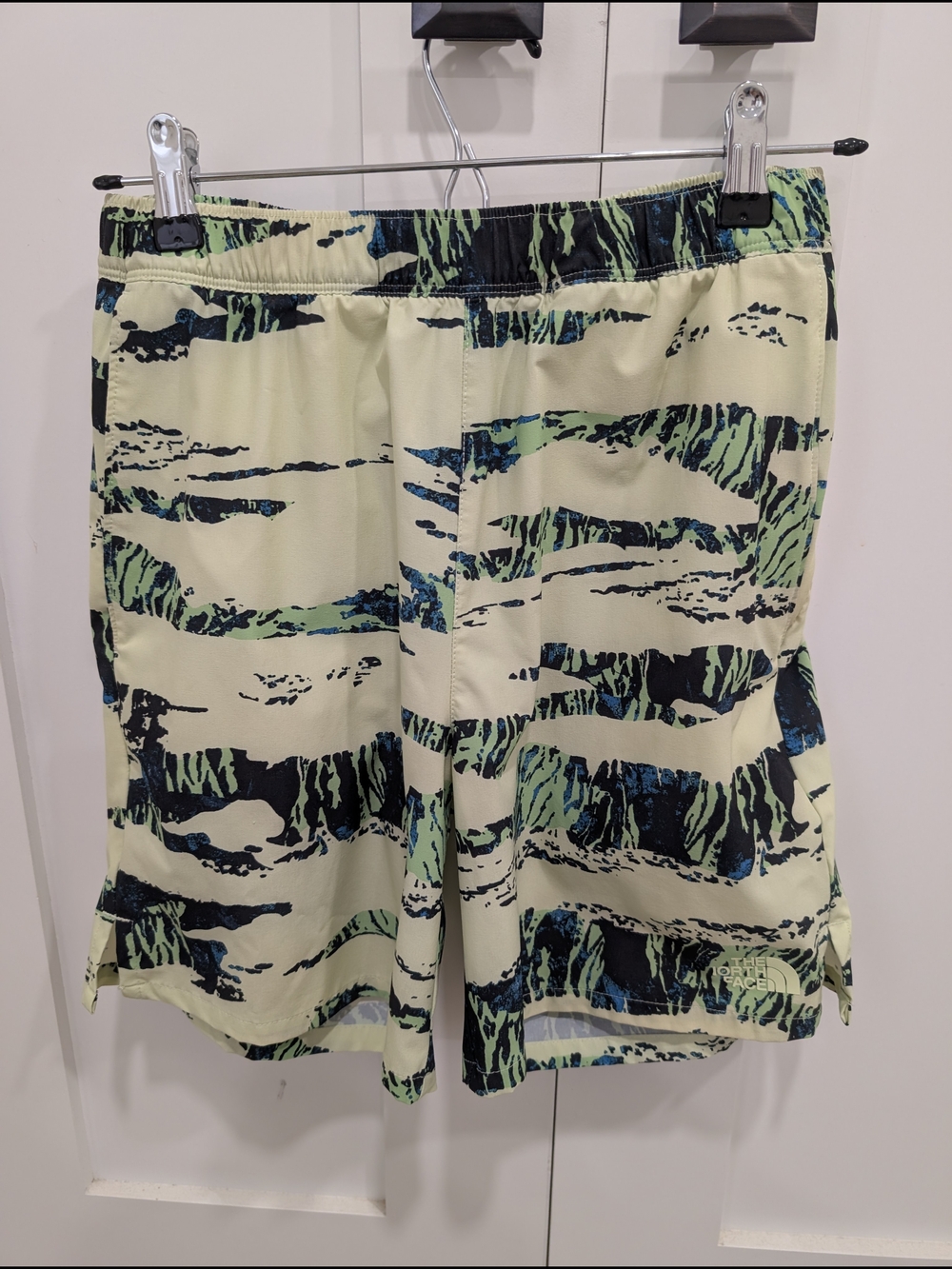 The North Face Men's Light Yellow Swim Shorts with Black & Green Abstract Print